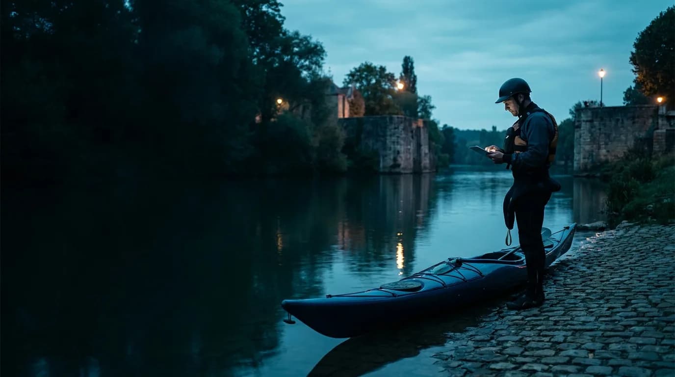 Kayakiste vérifiant le niveau et les conditions d'une rivière