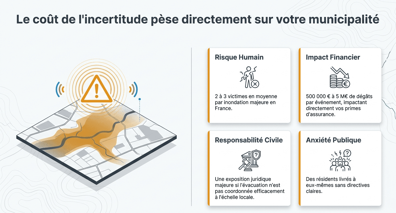 Le coût de l'incertitude pèse directement sur votre municipalité : risque humain, impact financier, responsabilité civile, anxiété publique